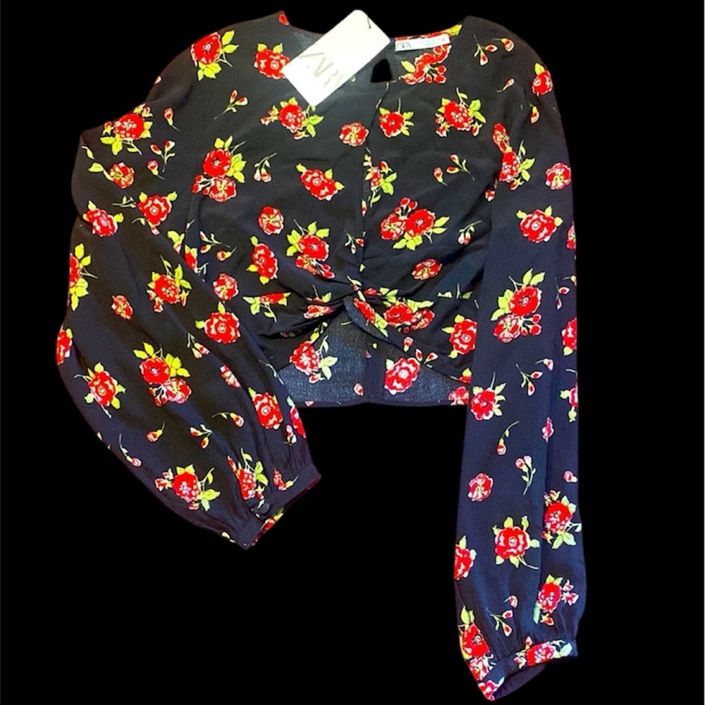 NWT Zara black long sleeve floral crop top cut out front balloon sleeves